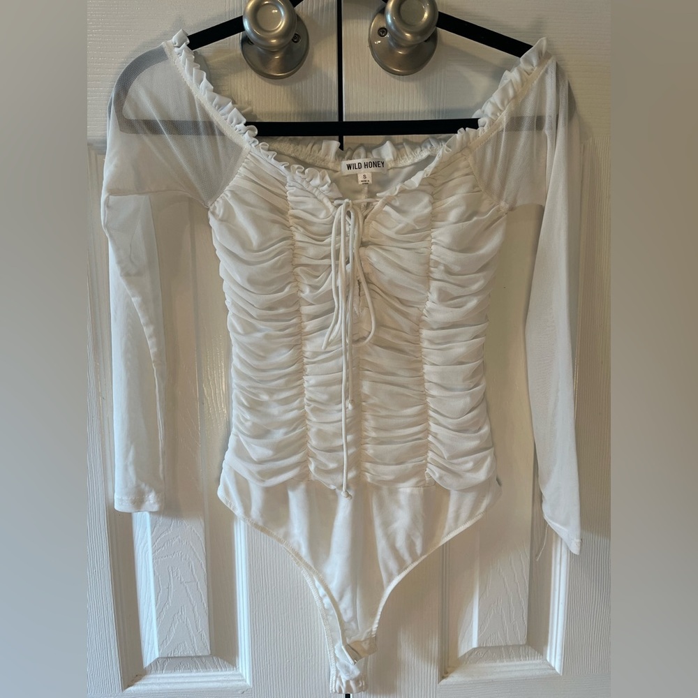 White Ruched Off-the-Shoulder Bodysuit